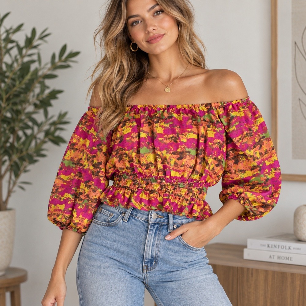 It's Pink Orange Abstract Floral Off Shoulder Smocked Crop Top Balloon Sleeve L